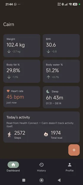 Cairn dashboard showing weight, BMI, body fat %, body water %, heart rate and sleep