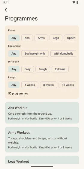 Trailhead programme library with filters for focus, equipment, difficulty and length