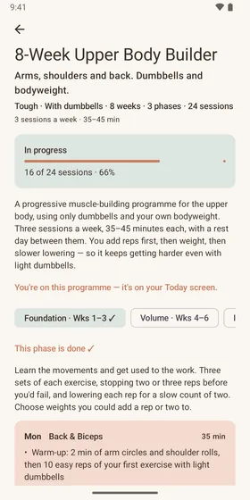 Trailhead programme detail for the 8-week upper-body builder, showing progress, phases and sessions