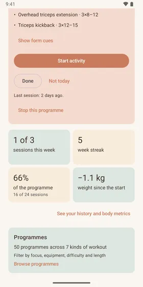 Trailhead home screen with four progress tiles: sessions this week, week streak, how far through the programme, and weight change since the start